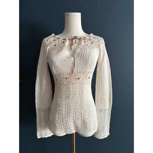 Rampage Tops - Vintage Rampage Beaded Crochet Boho Top Ramie Cotton‎ Y2K White Small
